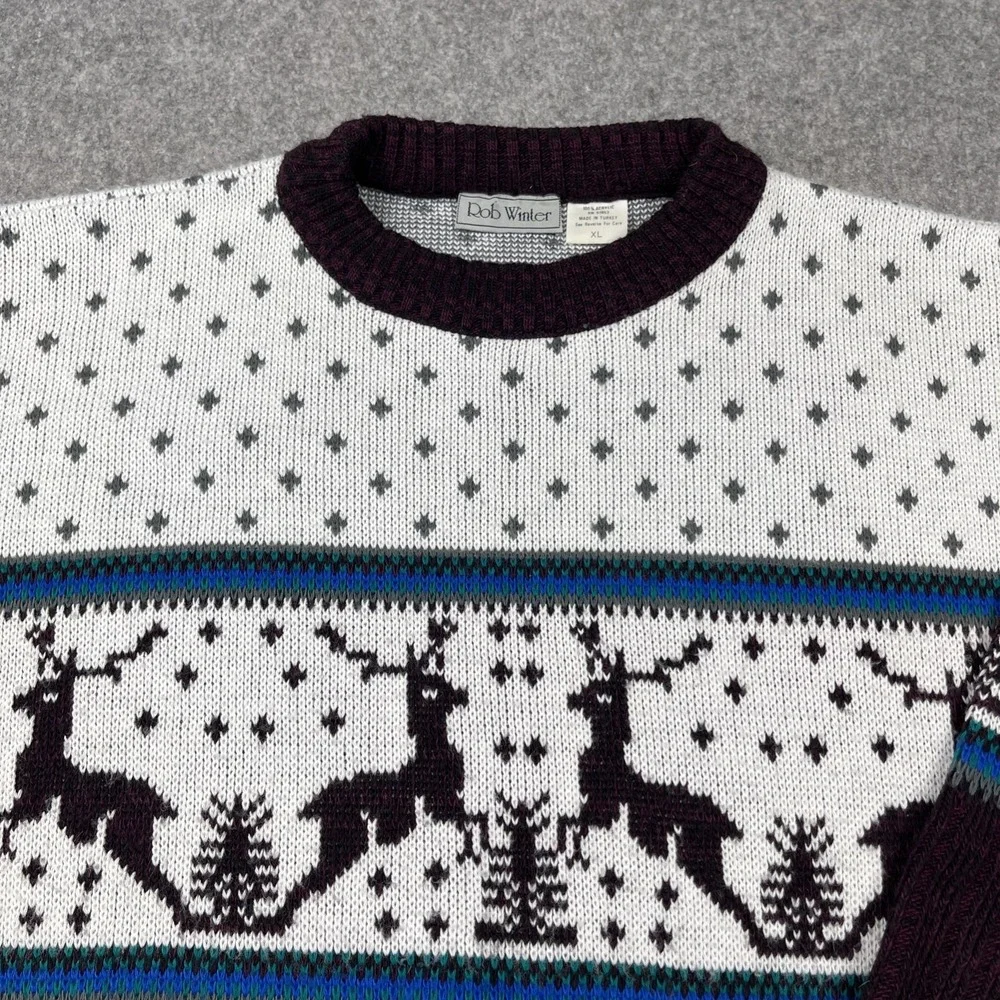 VTG Rob Winter Sweater Mens XL Reindeer Snowflakes Trees Grandpa‎ Cabin Core
